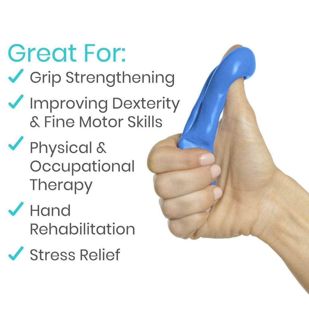 Hand holding a blue grip strengthener with text listing uses on a white background