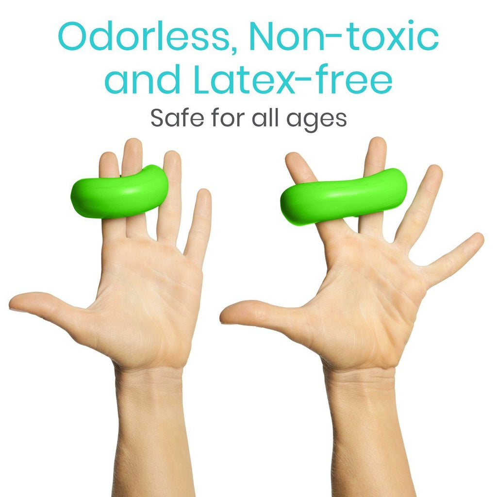 Two hands holding green stress balls with text about safety and toxicity on a white background