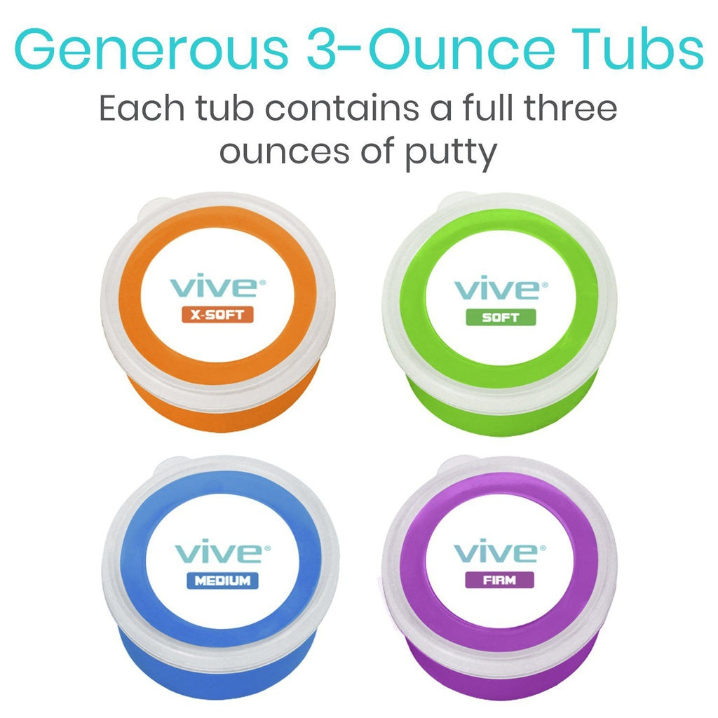 Four containers of Vive putty in different textures with text indicating their size and contents.