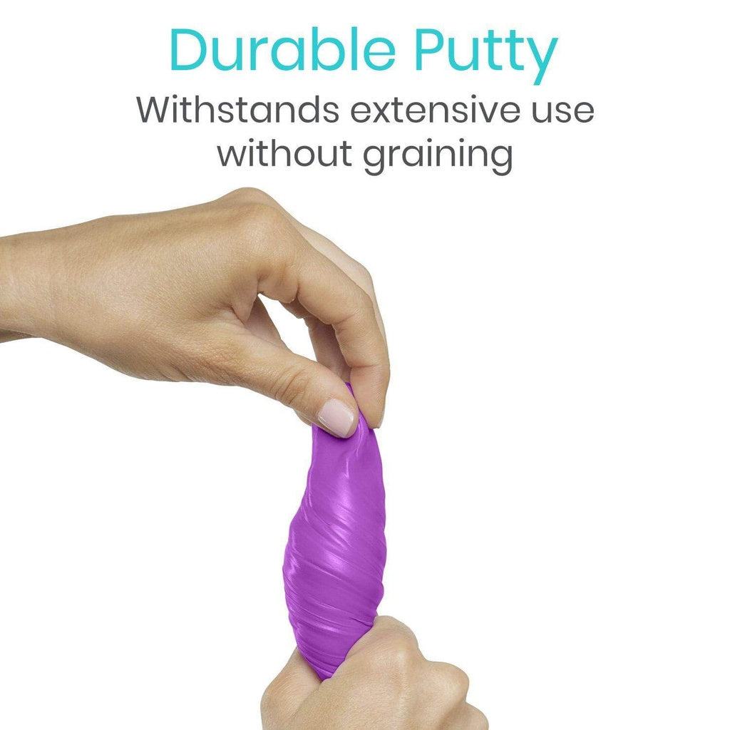 Purple putty being stretched with text 'Durable Putty Withstands extensive use without graining' on a white background