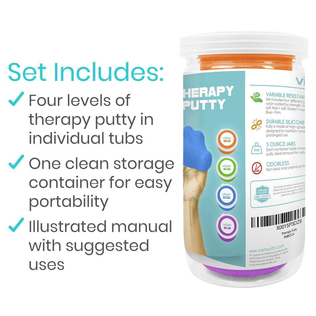 Therapy putty set with packaging and product details on a white background