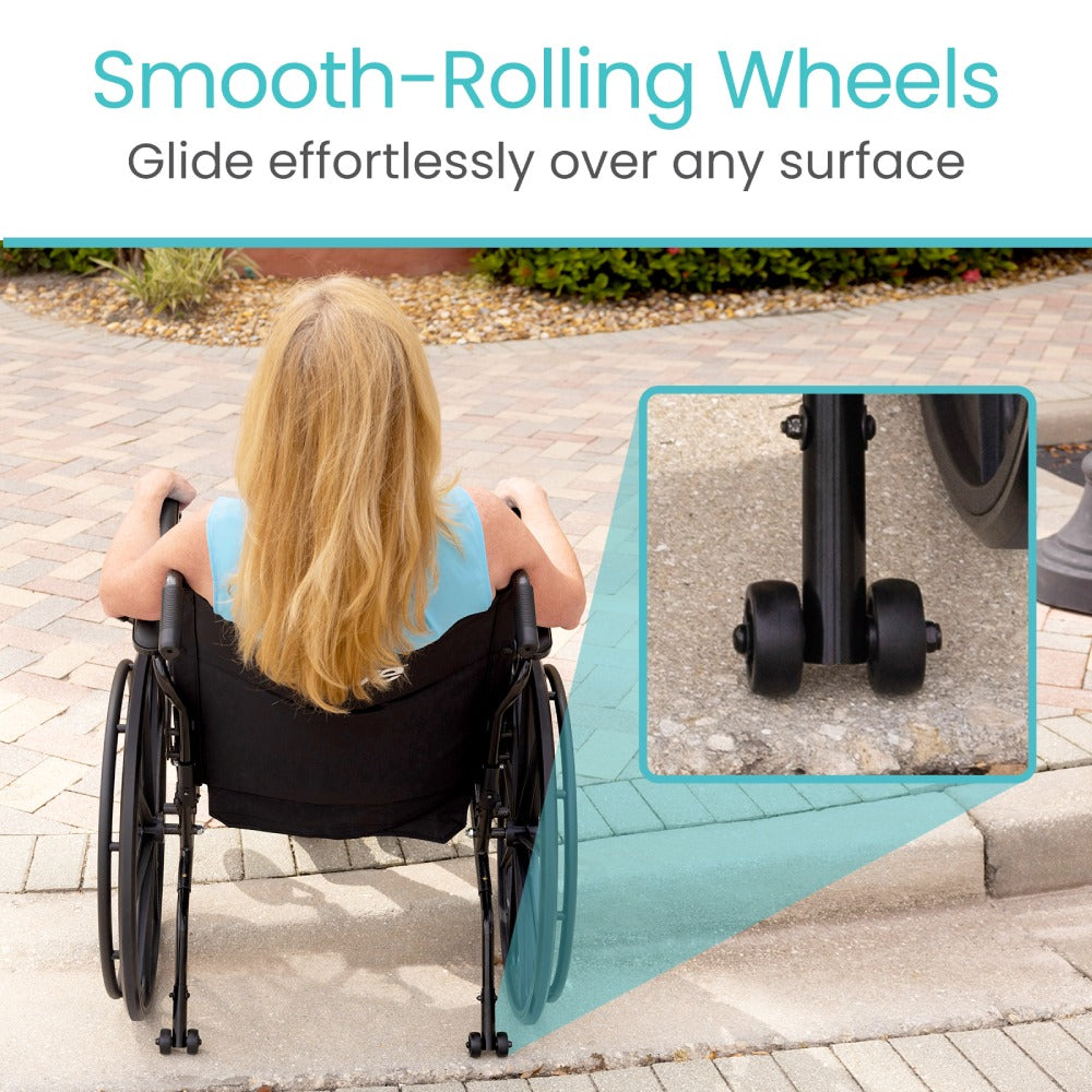 Person using a wheelchair on a sidewalk with smooth-rolling wheels highlighted.