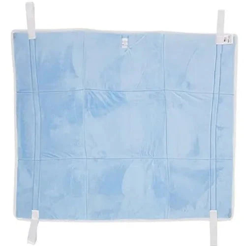 Blue quilt on a drying rack against a white background