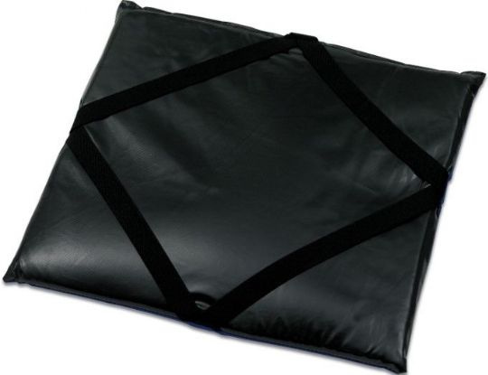 Black rectangular cushion with straps on a white background