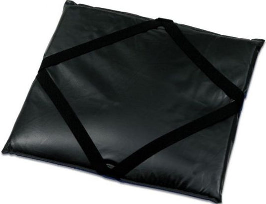 Black rectangular cushion with straps on a white background