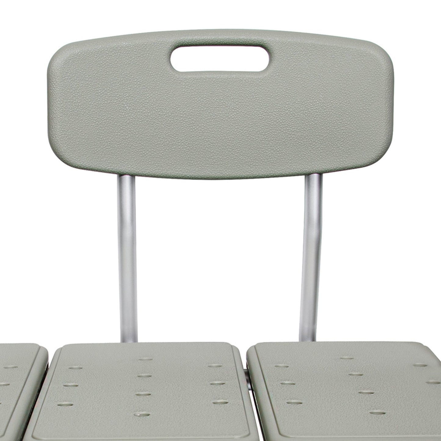 Close-up of a gray plastic chair with a backrest on a white background