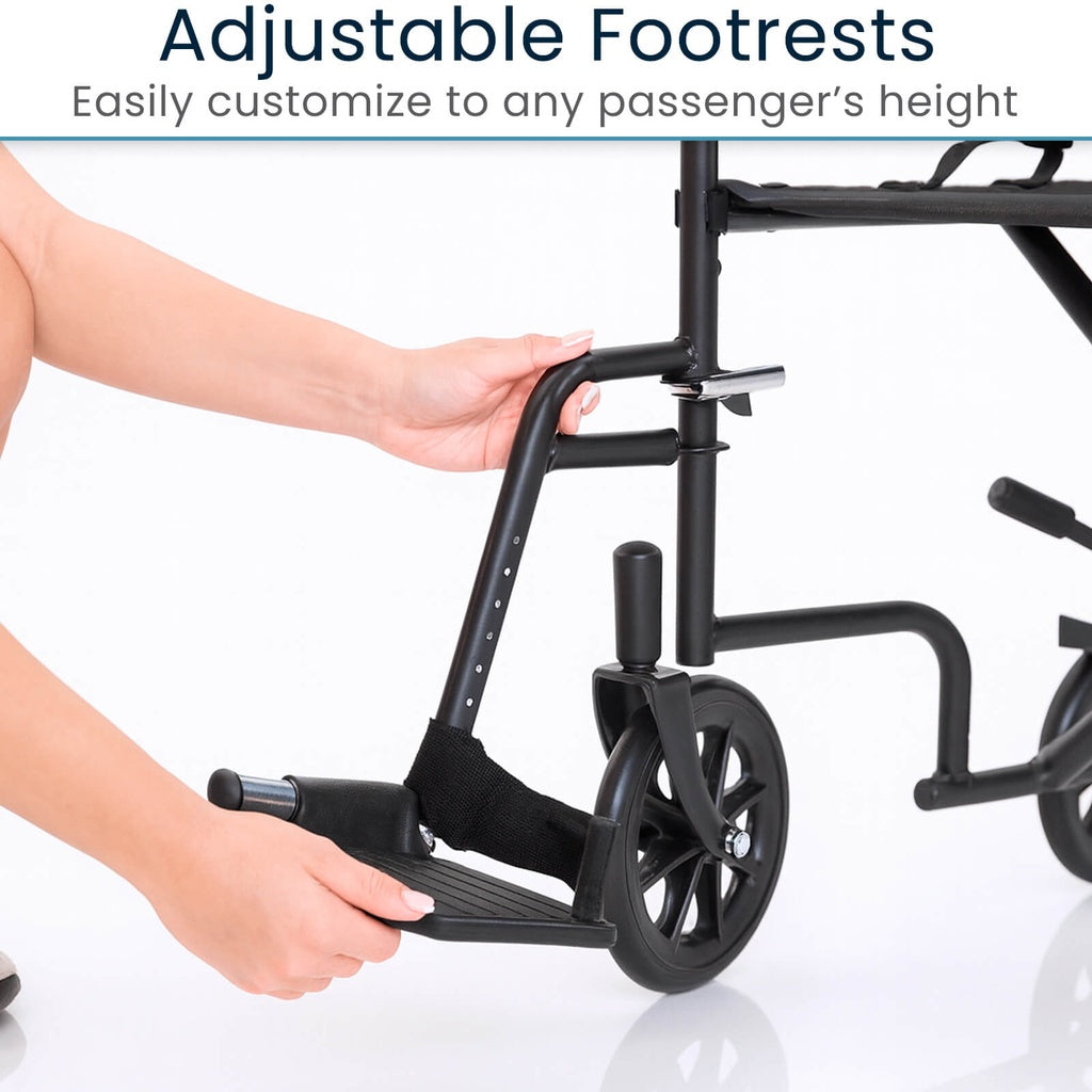 Adjustable footrests on a wheelchair with text indicating customization for passengers' height.