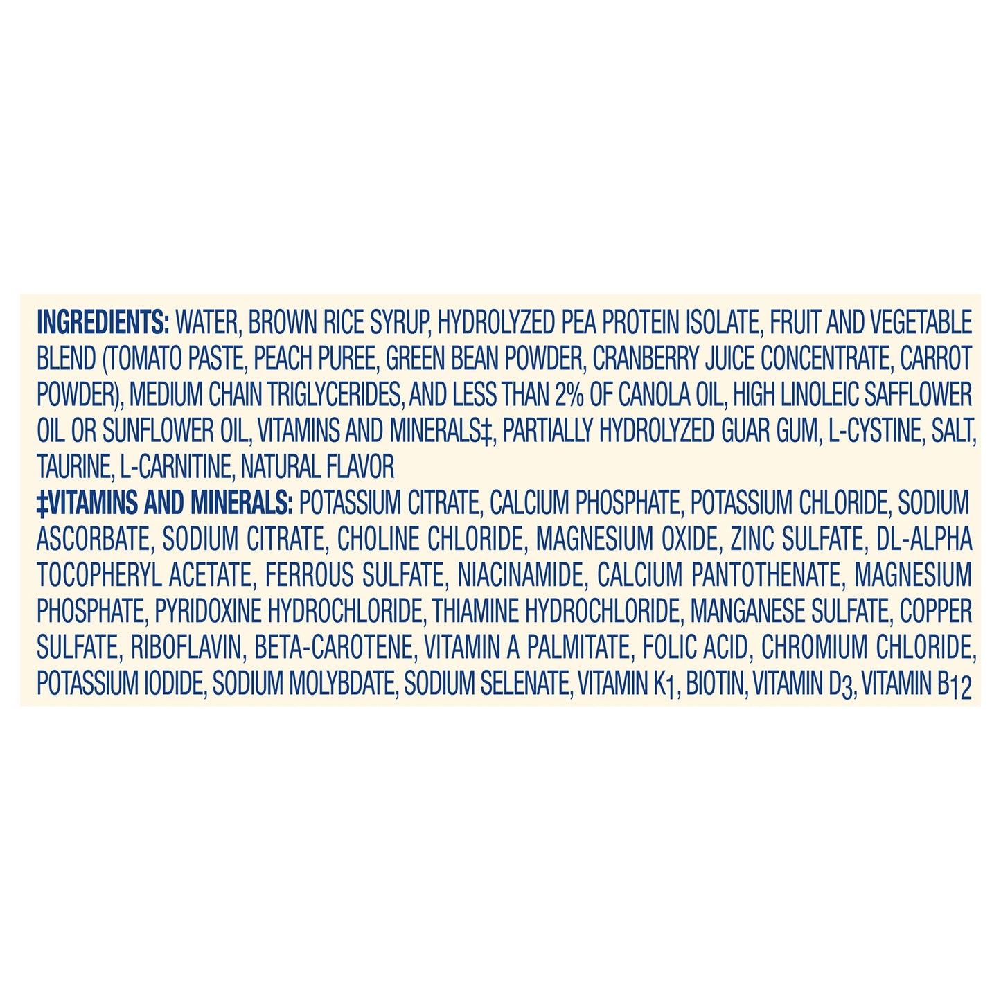 List of ingredients and vitamins/minerals on a white background