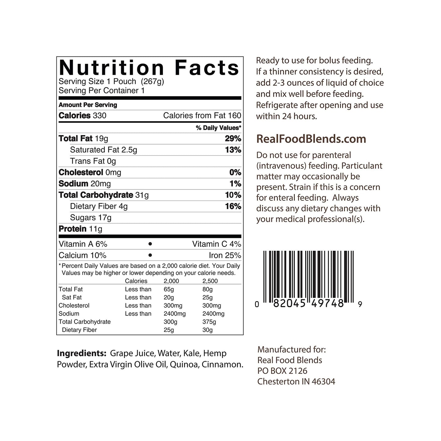 Nutrition facts label for a product from Real Food Blends on a white background