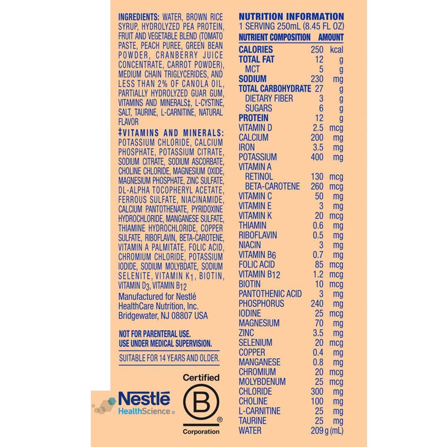 Nutrition label and ingredient list on a product packaging with Nestle HealthScience branding.