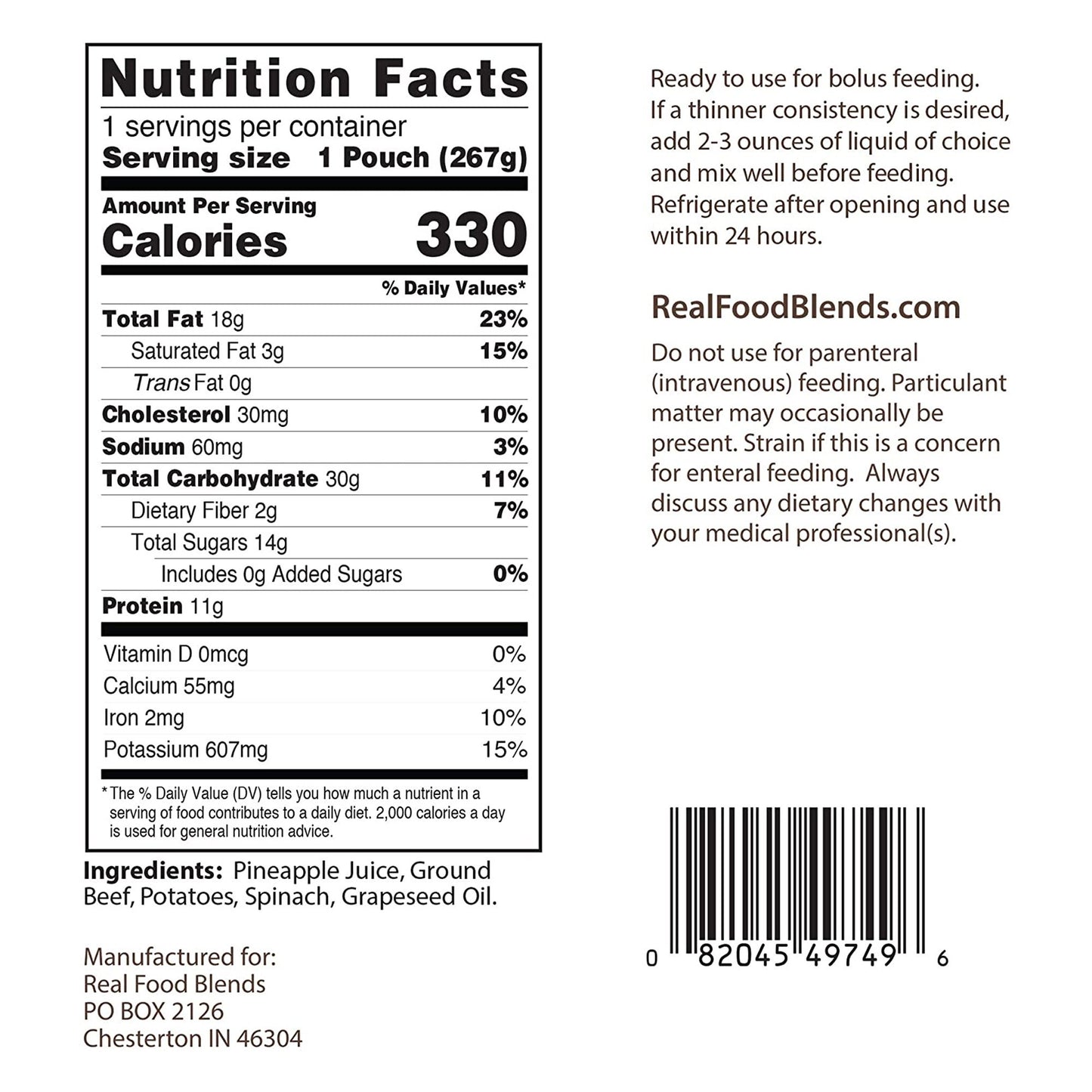 Nutrition facts label and product information for Real Food Blends on a white background