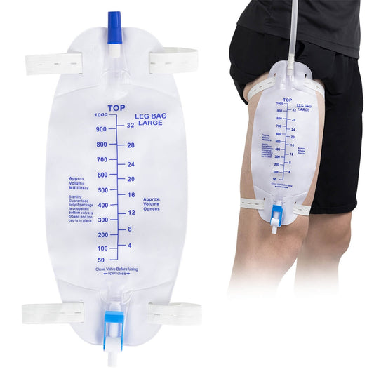 Clear leg bag with measurement markings on a white background
