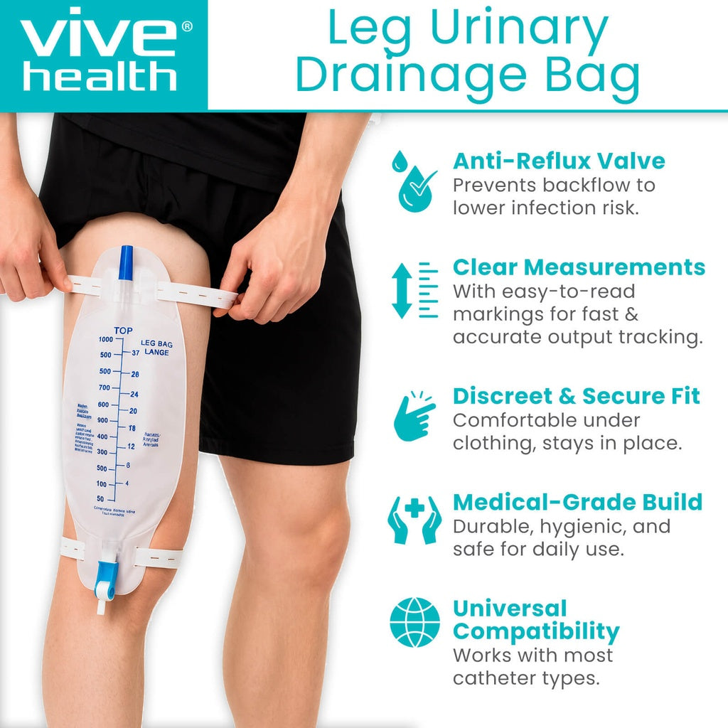 Vive Health leg urinary drainage bag with features listed on a white background