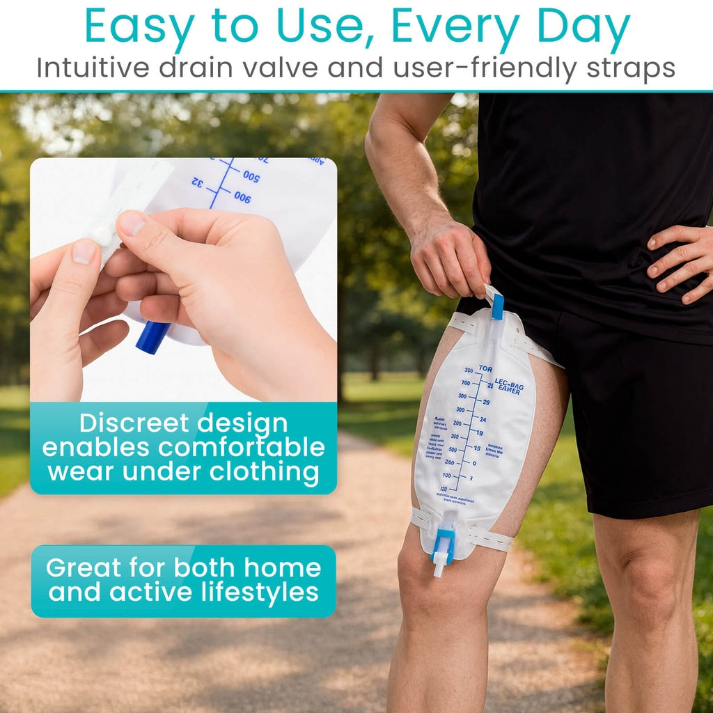 Disposable urinary device with text highlighting features like intuitive drain valve, user-friendly straps, and comfort for various lifestyles.