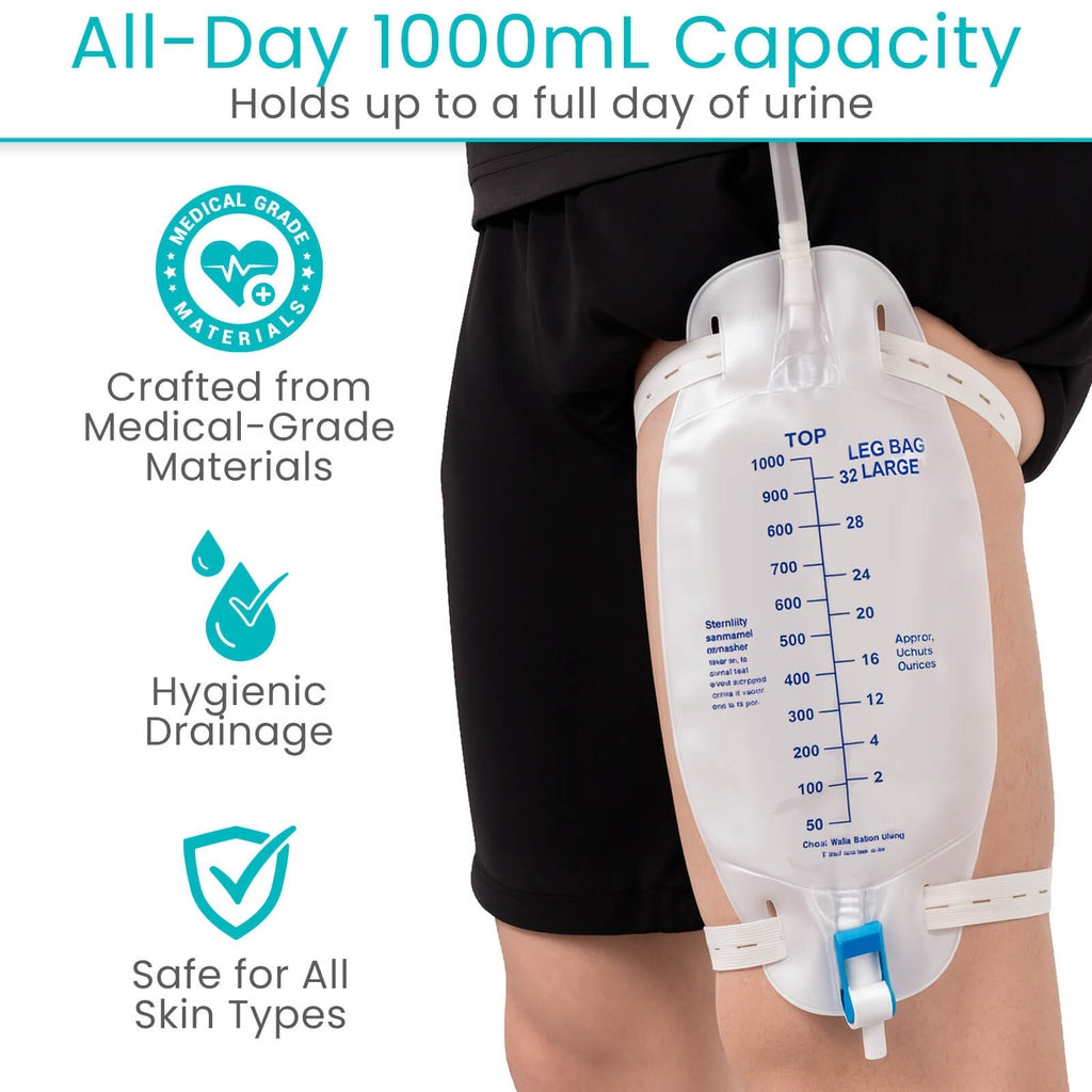 Urinal bag with text highlighting features on a white background