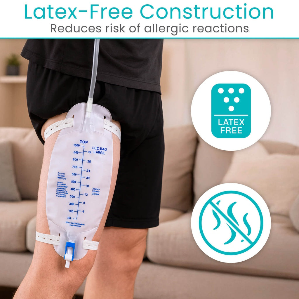 Person wearing a latex-free medical device with icons and text indicating latex-free construction and no risk of allergic reactions.