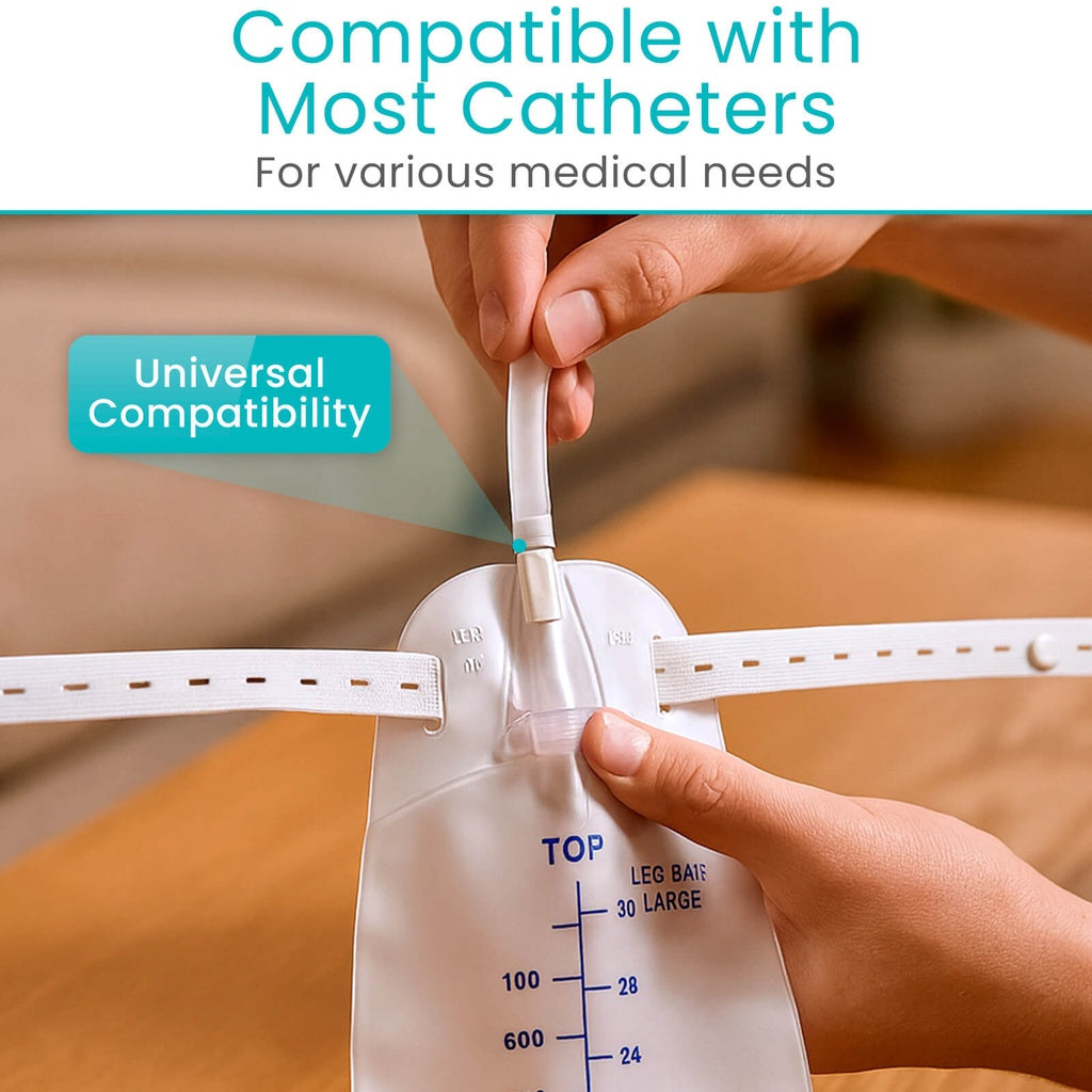 Person holding a medical device with text about compatibility with catheters.
