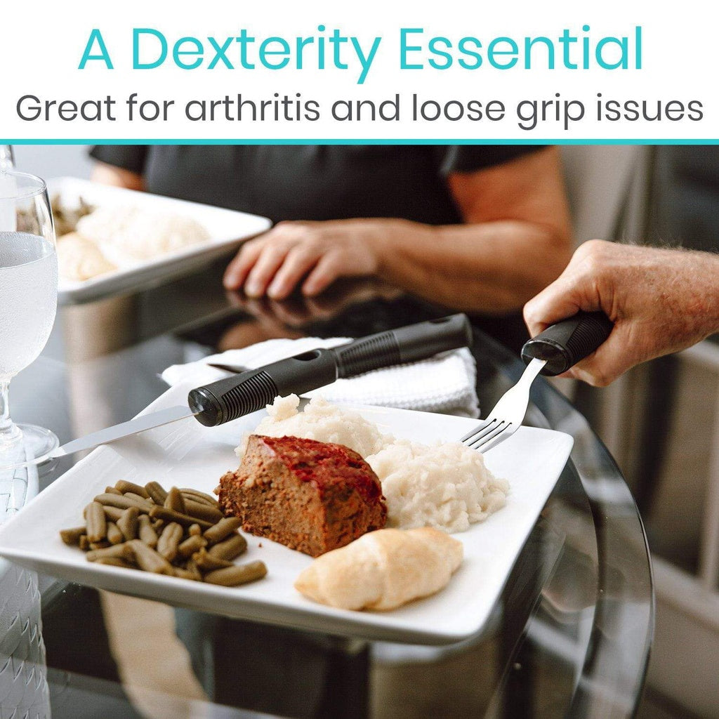 Person using a utensil with a black handle to eat from a plate of food, with text about dexterity and arthritis.
