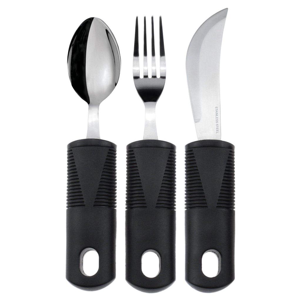 Set of cutlery with black handles including a spoon, fork, and knife on a white background.