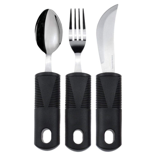Set of cutlery with black handles including a spoon, fork, and knife on a white background.