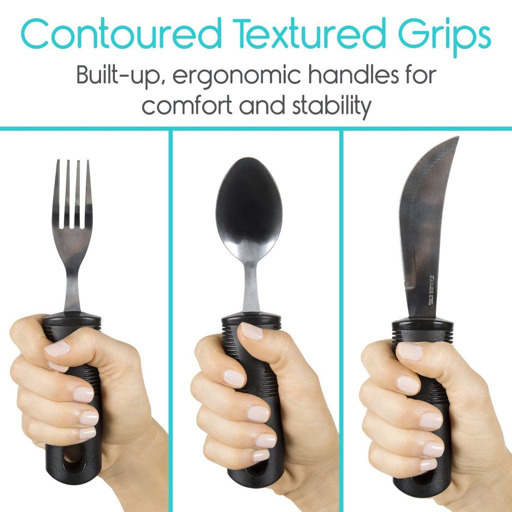Hands holding a fork, spoon, and knife with contoured textured grips on a white background.