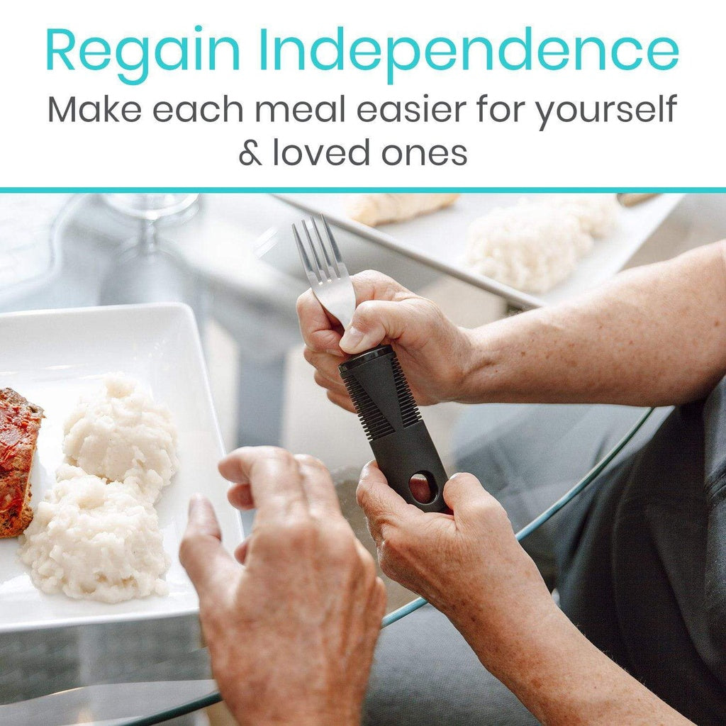Person using a kitchen tool to cut food with text 'Regain Independence' and 'Make each meal easier for yourself & loved ones'.