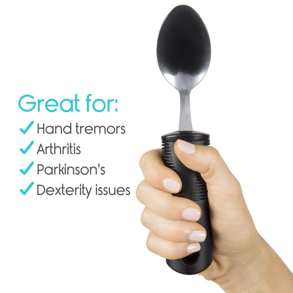 Hand holding a black spoon with text indicating uses for hand tremors, arthritis, Parkinson's, and dexterity issues.