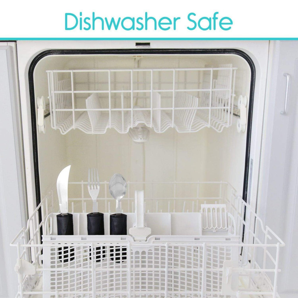 Dishwasher with open door showing a rack of clean dishes and cutlery, with 'Dishwasher Safe' text at the top.