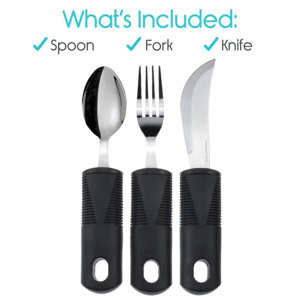 Set of spoon, fork, and knife with black handles on a white background