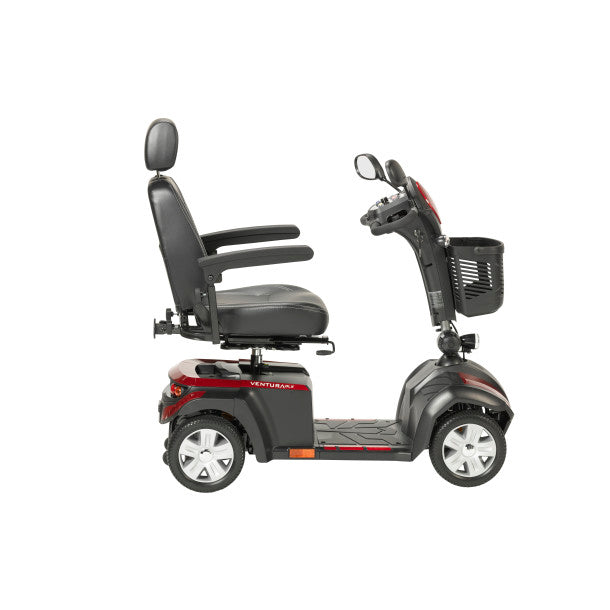 Black mobility scooter with a basket on a white background