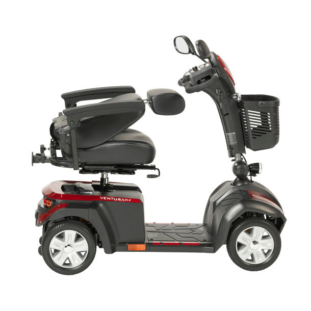 Black and red mobility scooter with a basket on a white background