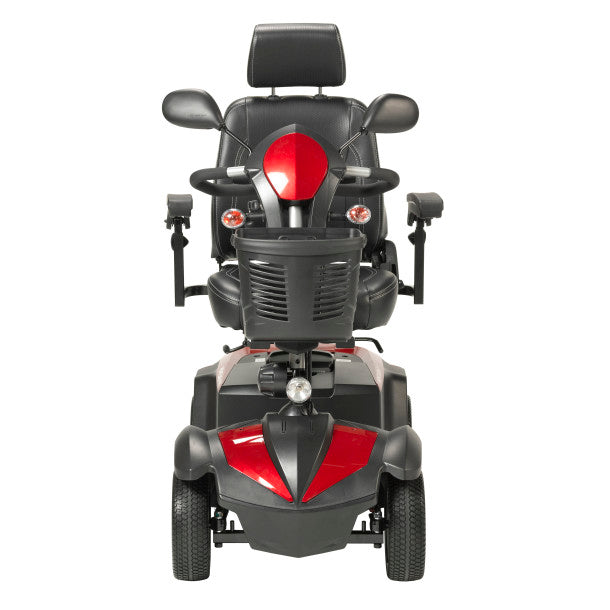 Mobility scooter with black seat and red accents on a white background