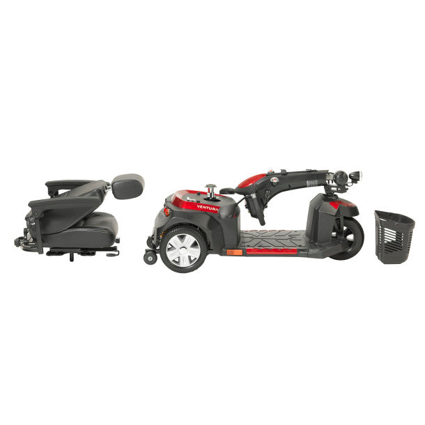Three-wheeled mobility scooter with a basket on a white background