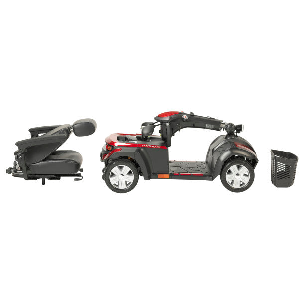 Gray and red mobility scooter with basket on a white background