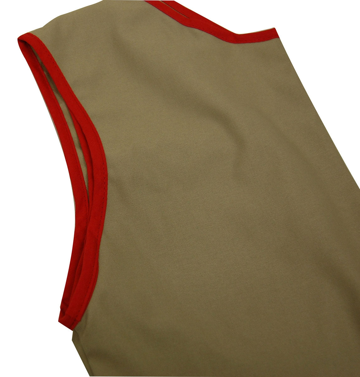 Beige sleeveless top with red trim on a white background