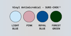 Color swatches for vinyl antimicrobial material with labels 'Light Blue', 'Pink', 'Royal Blue', and 'Forest Green'.
