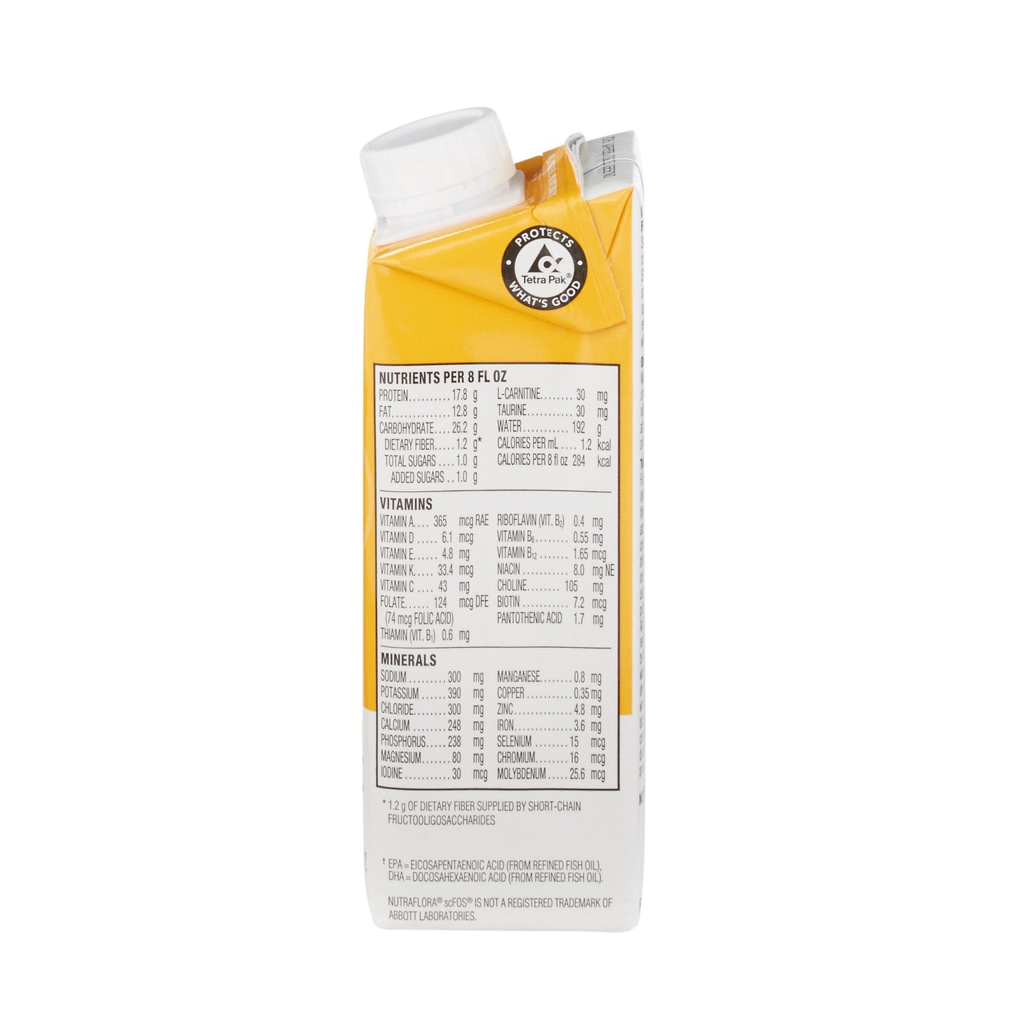 Carton of a nutritional drink with a white cap on a white background