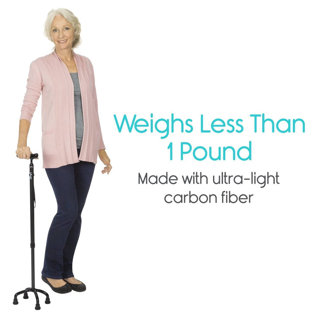 Woman holding a walking cane with text about its weight and material on a white background