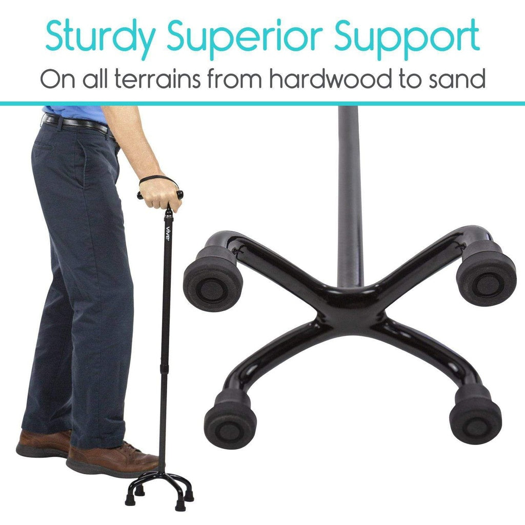 Person holding a cane with a chair base and text about support on various terrains.