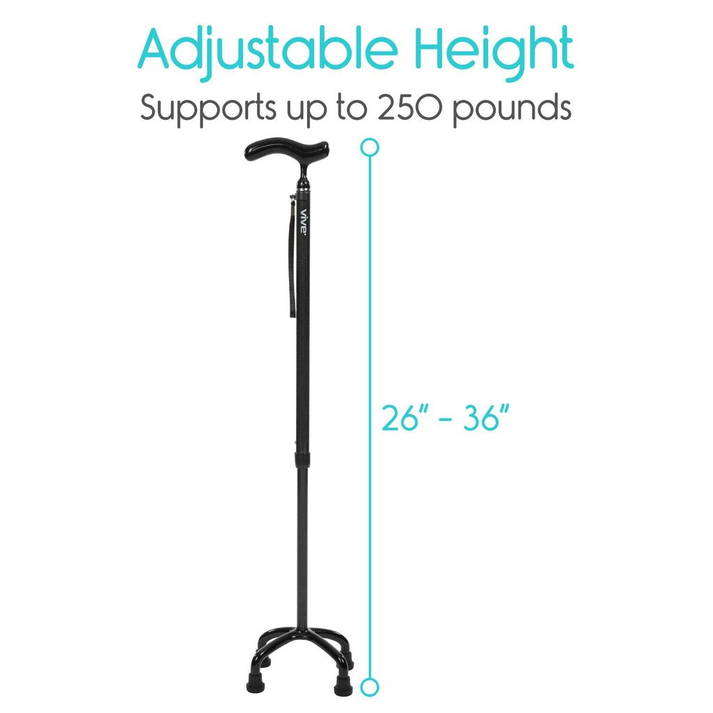 Black adjustable height cane with measurement details on a white background