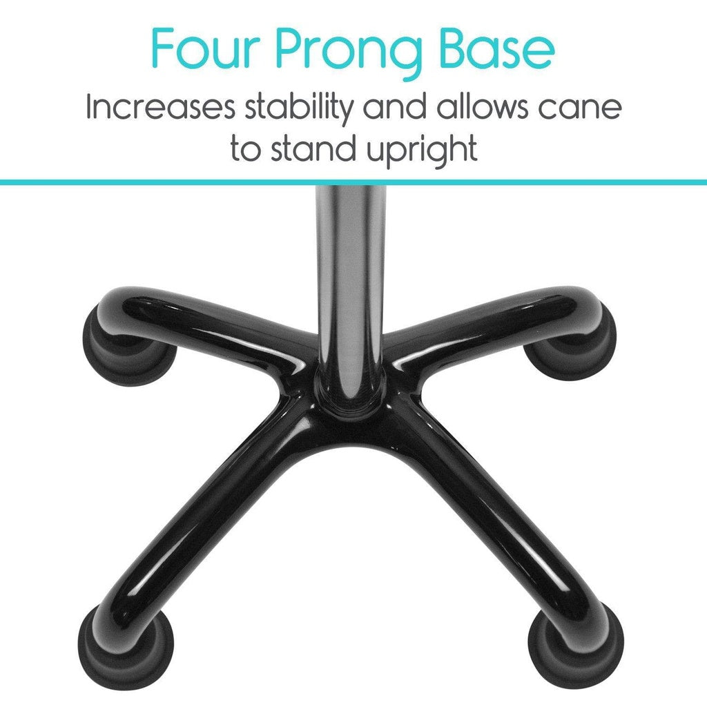 Black four-prong base of a cane with text on stability and upright positioning.