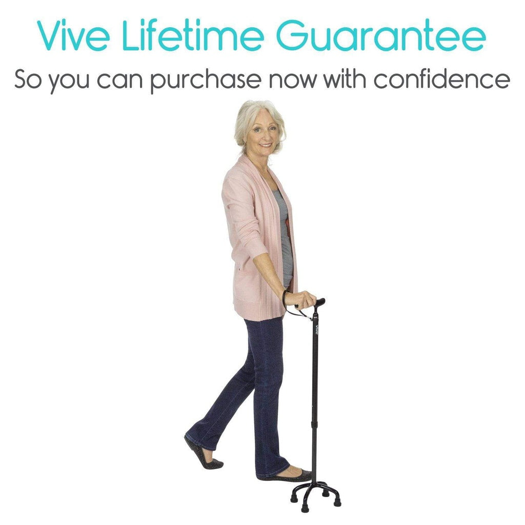 Woman using a walking stick with 'Vive Lifetime Guarantee' text on a white background