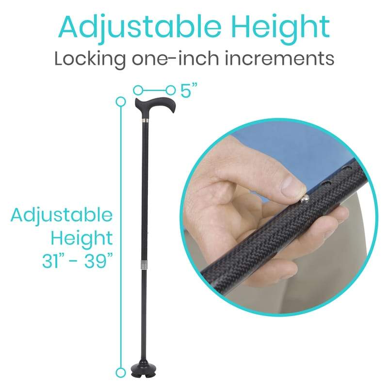 Adjustable height walking cane with measurement details on a white background