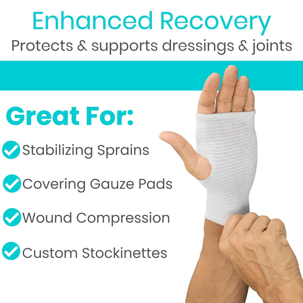 Hand with white bandage wrap on wrist, text about enhanced recovery products.