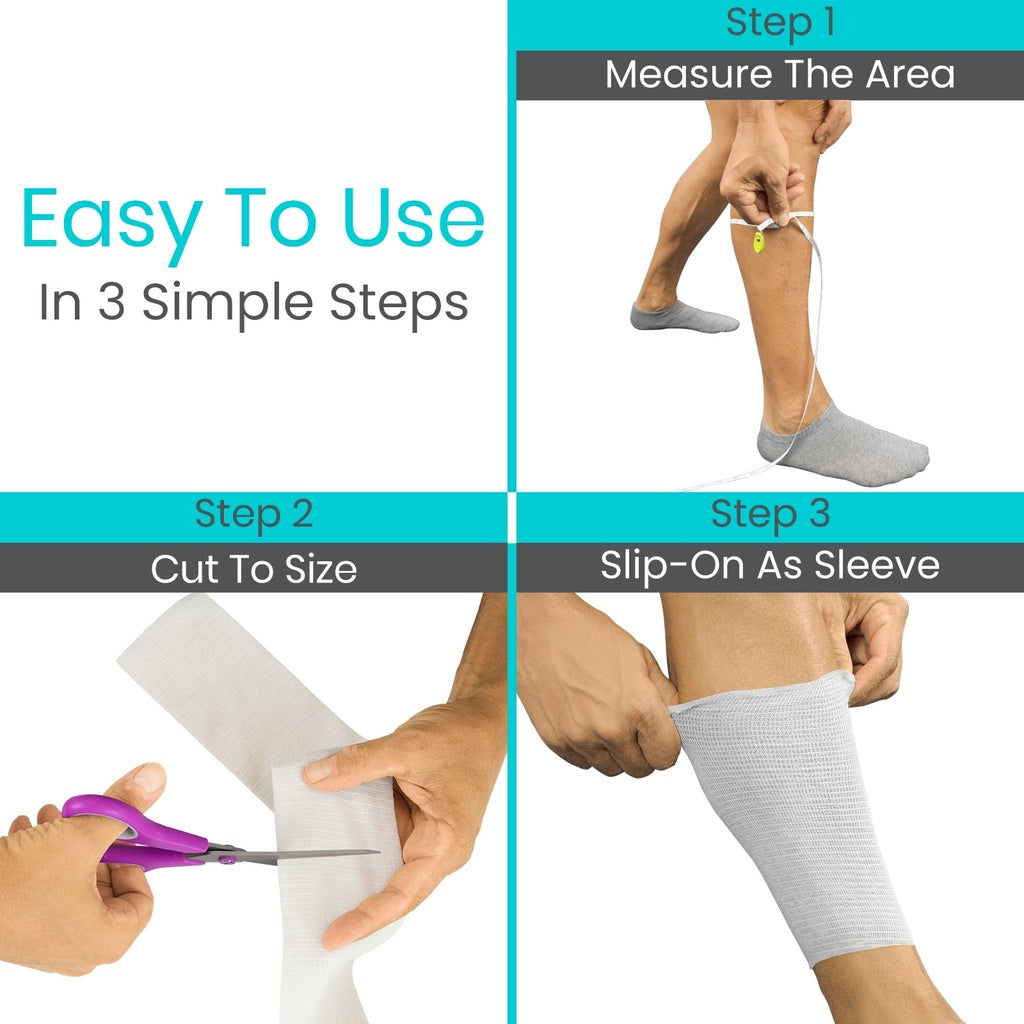 Instructions for using a compression sleeve with text and images of measurement, cutting, and application.