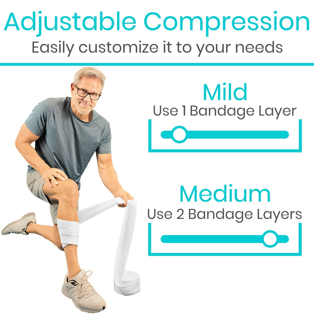 Person using adjustable compression bandage with text on customizable usage