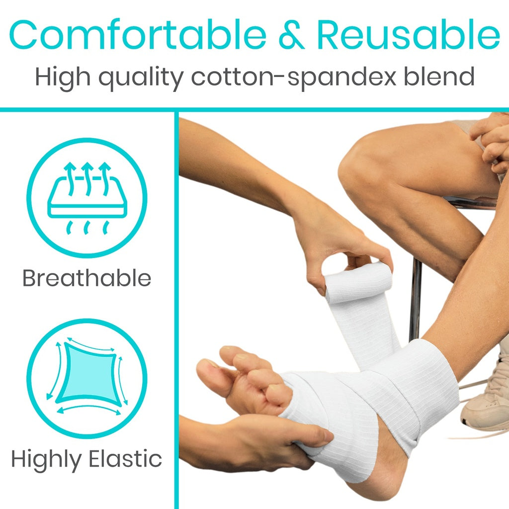 Person applying a white bandage to a leg with text highlighting comfort, reusability, breathability, and elasticity.