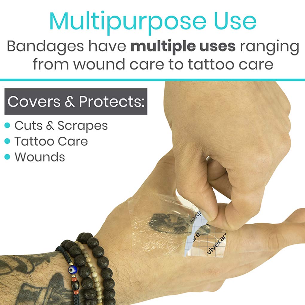 Person applying a bandage to a tattoo with text about multipurpose use