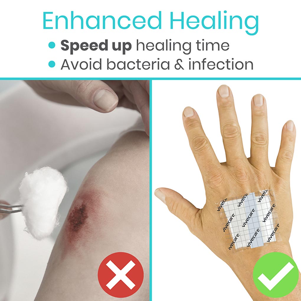 Product advertisement showing a wounded arm and a hand with bandages, highlighting enhanced healing benefits.