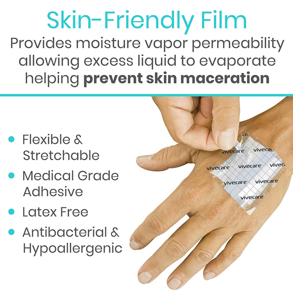 Skin-friendly film being applied to a hand with product name 'Vivecare' displayed.